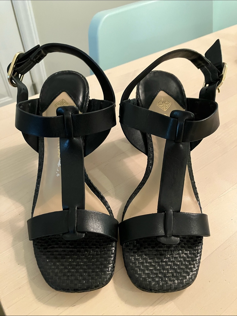 Antonio Melani Black Leather T-Strap Woven Square-Toe Heels